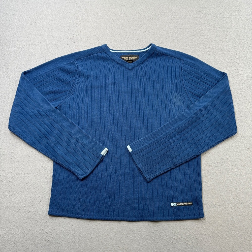 Abercrombie & Fitch Sweater Men's XL Blue Ribbed Knit Long Sleeve V-Neck Preppy